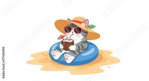 A cute cartoon cat enjoys a tropical beach vacation, relaxing in a float with a straw hat, sunglasses, and a refreshing coconut drink.