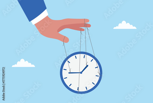 Vector illustration of a hand controlling a clock with strings like a puppet, symbolizing time manipulation, control, time management, productivity, and the pressure of deadlines

