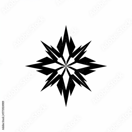 Geometric black and white symmetrical design resembling a starburst or compass rose, with sharp, angular elements