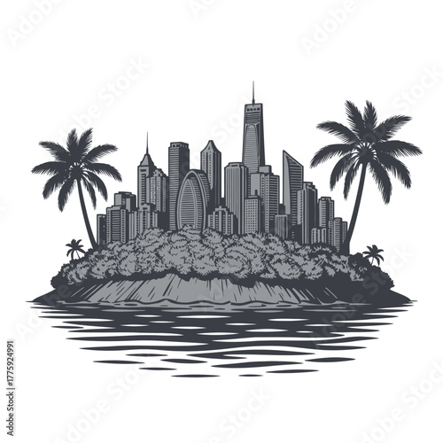 Tropical island city skyline with palm trees and ocean waves