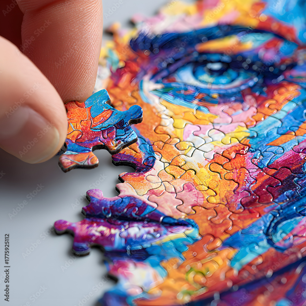 Obraz premium Completing a Vibrant Abstract Puzzle with a Hand