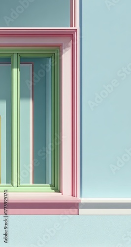 Pastel-colored architectural rendering of a recessed window with multiple layered frames, set against a light blue wall