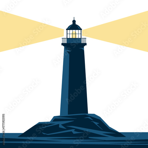 Dark blue lighthouse shining light beams across water