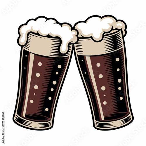 Two glasses of dark beer clinking together with frothy foam