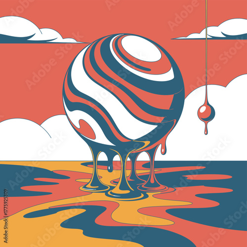 Surreal abstract orb with melting colorful liquid and stylized clouds