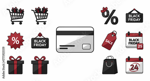 Black Friday shopping icons: carts, credit card, gifts, calendar, and more.
