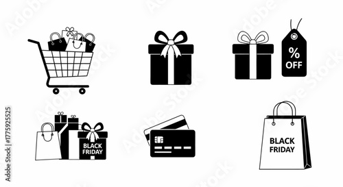 A collection of black silhouette icons representing Black Friday shopping, sales, and discounts on a white background.
