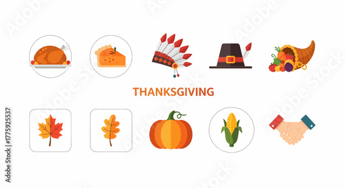 A collection of Thanksgiving-themed icons including turkey, pie, pilgrim hat, cornucopia, leaves, pumpkin, corn, and handshake.