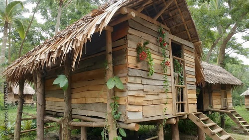 traditional indigenous dwelling constructed from natural materials located within a rainforest