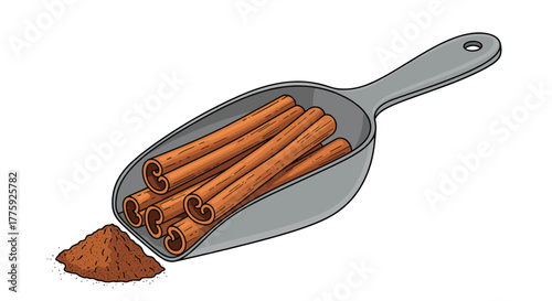 A grey metal scoop holds several cinnamon sticks, with a pile of ground cinnamon powder spilling out onto a white background, showcasing the spice's forms.