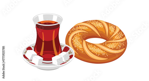 A traditional Turkish breakfast or snack featuring a glass of hot black tea served with sugar cubes alongside a freshly baked, sesame-covered simit.