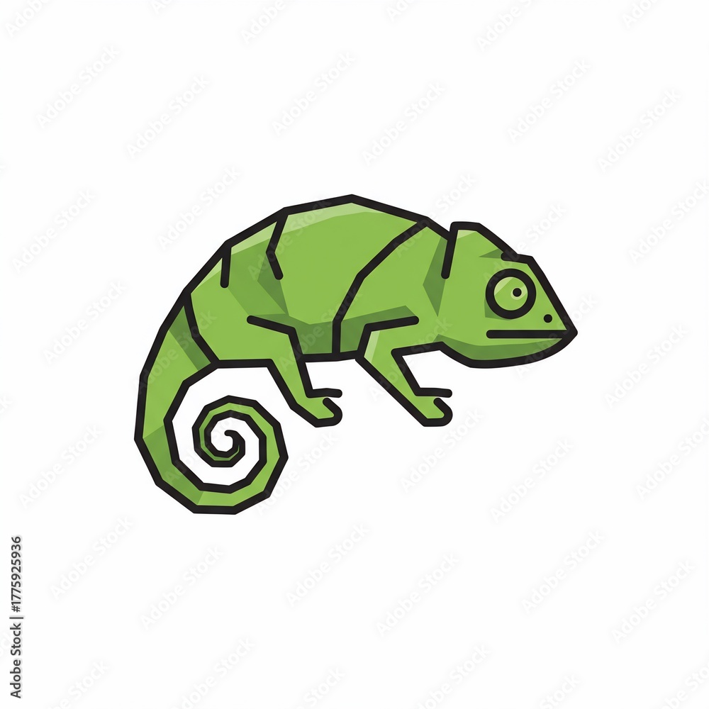 Fototapeta premium A stylized green chameleon with dark outlines and an expressive eye, curled tail. Image is on a white background