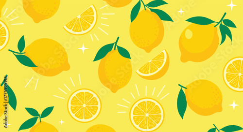 Vibrant yellow seamless pattern featuring fresh lemons, slices, and wedges with sparkling accents, perfect for a cheerful and refreshing summer design.