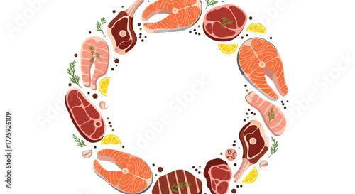 A vibrant culinary frame composed of fresh raw beef, lamb, salmon, and chicken cuts, garnished with rosemary, lemon slices, and peppercorns on white.