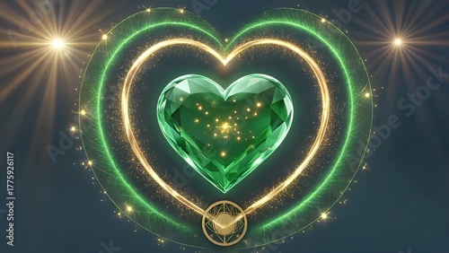 three-dimensional animated sequence depicting a spinning green crystalline structure symbolizing the heart energy center from spiritual traditions  associated with emotional healing and historical