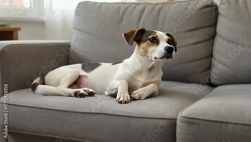 canine of a specific small terrier breed reclining comfortably on a piece of furniture with a neutral-toned