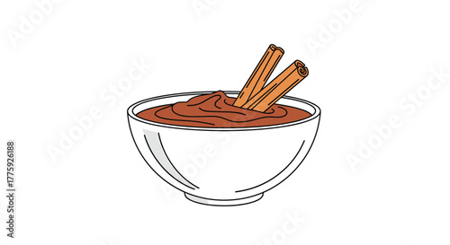 A white bowl of rich chocolate pudding topped with two aromatic cinnamon sticks on a clean white background.