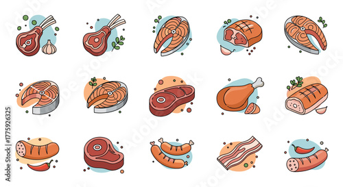 A collection of fresh and prepared meat, fish, and poultry products, including steaks, chops, sausages, and salmon, ready for cooking.