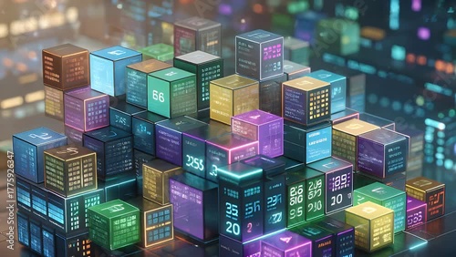 conceptual three-dimensional rendering depicting futuristic geometric data blocks forming technological and digital architectural structures with a controlled focus