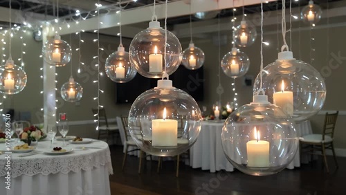 translucent spherical ornament containing illuminated wax candles and miniature electric bulbs suspended above a nuptial banquet
