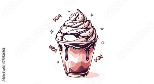 Charming illustration of a sweet beverage featuring whipped cream, chocolate syrup, and sprinkles, adorned with whimsical candies and sparkles on white.