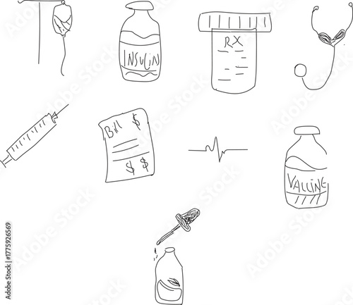Hand Drawn Medical and Healthcare Doodle Icon Set: Syringe, Vaccine, Stethoscope, and Prescription