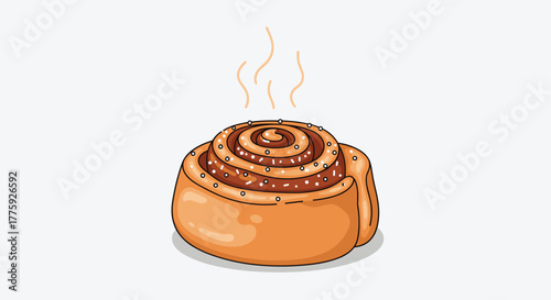 A delectable, freshly baked cinnamon roll topped with sweet icing and sprinkles, emitting warm steam, ready to be enjoyed.