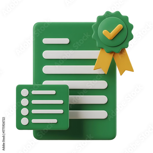 Successful document verification process and certification seal 3D rendering illustration