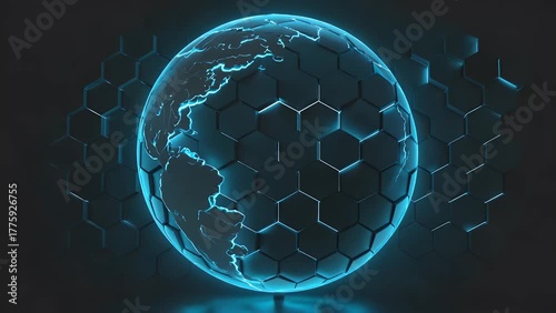 illuminated representation of the terrestrial sphere featuring azure luminescence and an abstract three-dimensional design composed of hexagonal