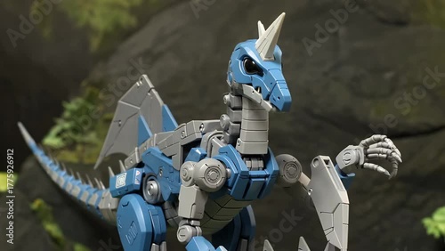 large robotic prehistoric creature with a slate-colored metallic