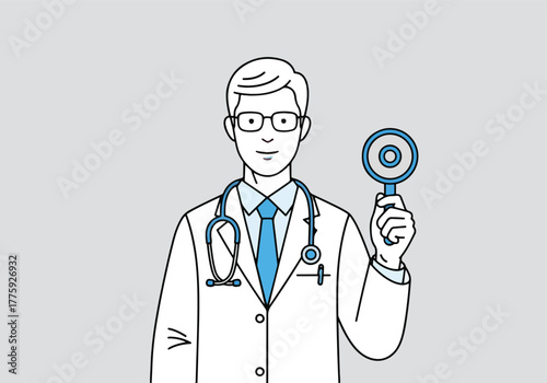 Ophthalmologist doctor holding ophthalmoscope for eye exam medical professional healthcare - Flat Vector Illustration. Colored vector illustration