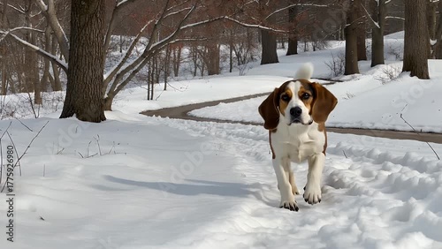 dynamic photograph of a purebred hound dog with a tricolor coat sprinting across a snow-covered landscape in a recreational area during the cold season  looking towards the