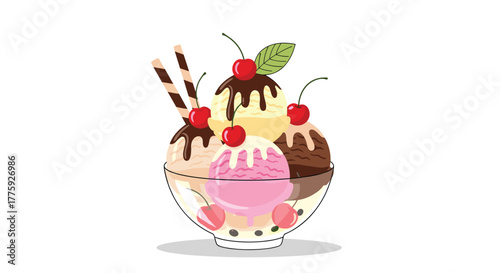 Delicious multi-scoop ice cream sundae with chocolate syrup, fresh cherries, and crunchy wafer sticks in a clear glass bowl.