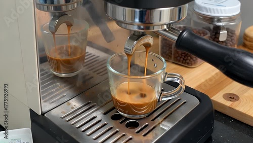 process of preparing a concentrated coffee beverage where hot water is forced under pressure through finely-ground beans  resulting in a dark liquid streaming into a small glass