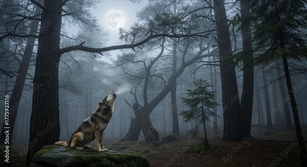 Obraz premium Moonlit Symphony of the Wild: A lone wolf, bathed in the ethereal glow of the moon, serenades the tranquil forest with its haunting howl, evoking a sense of primal beauty and untamed wilderness.