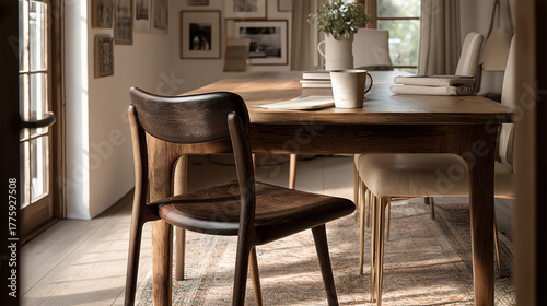 A display image of solid wood tables and chairs, with soft indoor lighting.