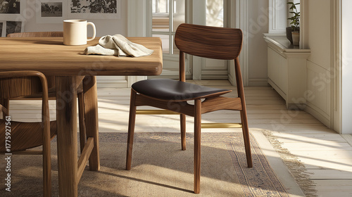 A display image of solid wood tables and chairs, with soft indoor lighting.