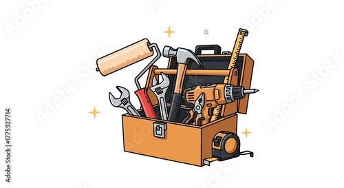 A bright illustration of an open toolbox brimming with diverse essential tools for all home improvement, repair, and DIY tasks.