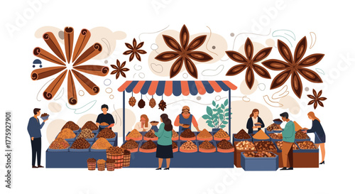 People shopping for aromatic spices like cinnamon and star anise at a vibrant traditional market.