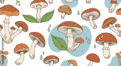 Seamless pattern of charming hand-drawn mushrooms with brown caps, green leaves, and blue rain droplets on a white and light blue background.