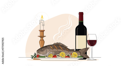 A delicious whole grilled fish, garnished with lemon and herbs, served with a bottle and glass of red wine, and a lit candle.
