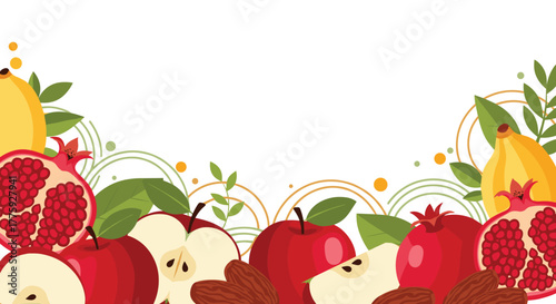 Festive border design with pomegranates, red apples, golden quinces, and almonds, complemented by green leaves and abstract elements on a white background.