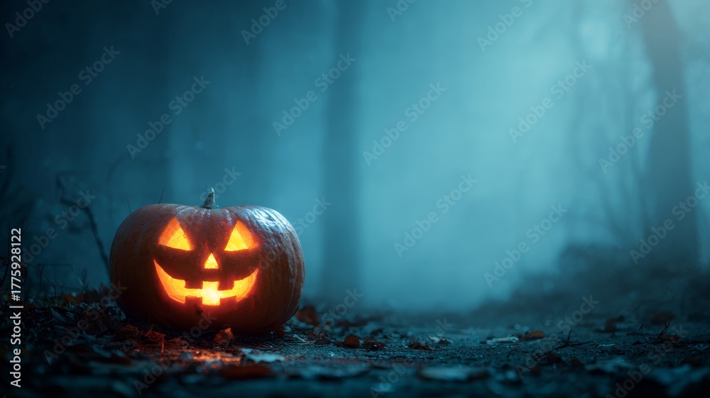 Naklejka premium Glowing jack o' lantern pumpkin burning in dark forest at night with eerie foggy atmosphere for spooky halloween background