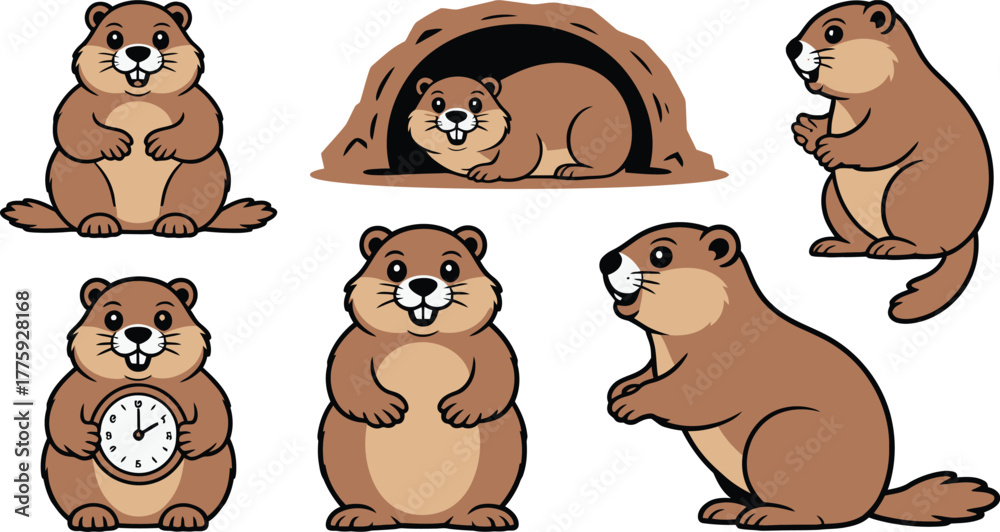 Fototapeta premium Cartoon Groundhog Set Burrow, Clock, Standing, and Posing Cute Marmots with White Background