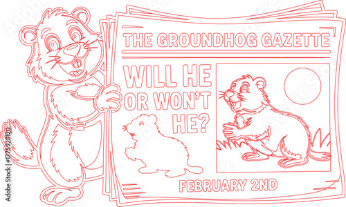 Cartoon Groundhog Holds Newspaper Predicting February 2nd Weather in Red Outline Style