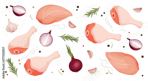 Raw chicken meat pieces, fresh onions, garlic, and rosemary herbs scattered on a white background, ready for cooking and preparing various dishes.