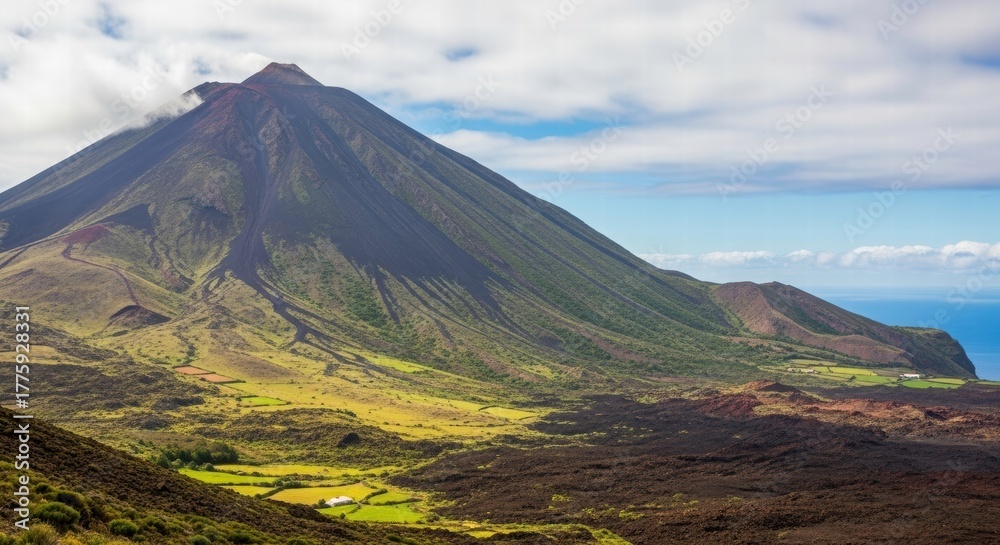 Fototapeta premium Volcano Vista: A majestic volcano rises against a backdrop of a partially cloudy sky and rolling hills, a panorama of natural grandeur.