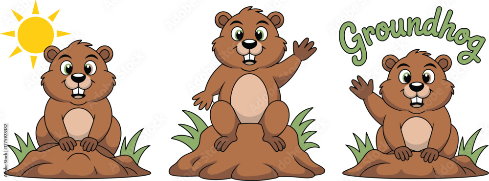 Fototapeta premium Cartoon Groundhogs Emerging from Mounds with Waving Hand and Groundhog Text Above