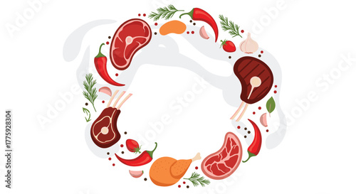 A vibrant circular composition featuring various raw meat cuts, hot chili peppers, garlic, and fresh herbs on a clean white backdrop.