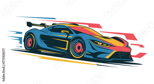 Vibrant vector artwork of a high performance sports racing car with blue red and yellow motion streaks showcasing dynamic movement and intense speed perfect for motorsport and automotive creative desi